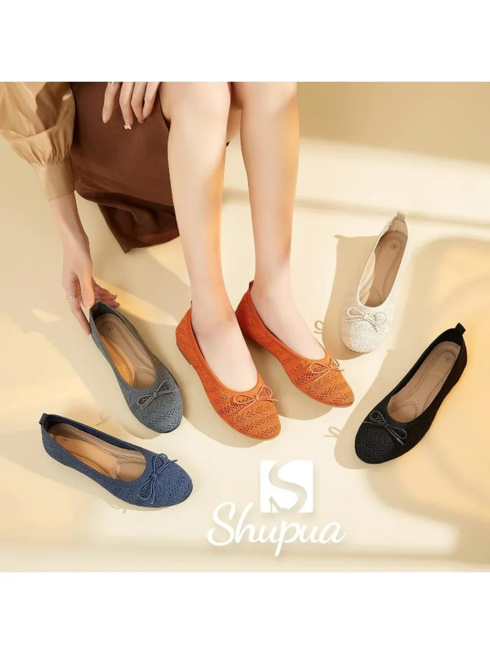 Women's Apricot Crochet Lace Round Toe Solid Comfortable Low Heel Ballet Flats
